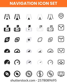 This high-quality navigation icon set features a collection of modern and versatile icons representing GPS, location pins, maps, routes, compasses, road signs, and direction indicators.