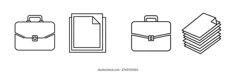 This high-quality professional vector illustration collection displays essential business office icons including minimalist briefcases and organized paper document stacks. Created with clean line art, these graphic design elements are perfect for enhancing corporate projects, websites, or software interfaces. The balanced silhouettes provide a modern, sleek aesthetic suitable for professional presentations and productivity tools. Utilize these versatile symbols to effectively communicate themes of organization, business management, and administrative efficiency within your creative workflows. The distinct visual clarity ensures these icons scale perfectly.
