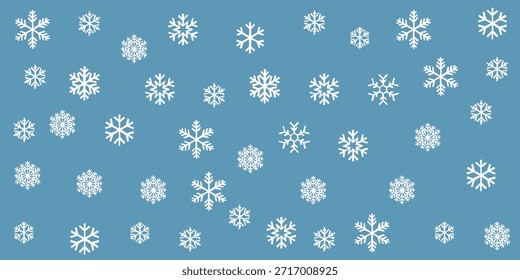 Esta es una Ilustración vectorial de alta calidad, sin fisuras con una variedad de copos de nieve blancos sobre un fondo azul claro.