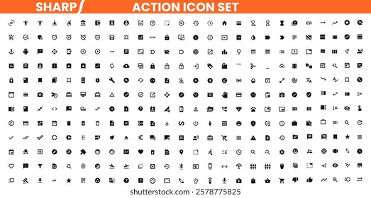 This high-quality sharp action icon set features a collection of bold, modern icons with crisp edges and a sleek, professional design. Perfect for UI UX interfaces, mobile apps, websites, dashboards