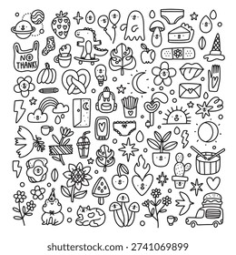 This high-quality stock vector illustration features a dense and charming collection of over 60 individual black and white doodles, arranged in a playful square composition on a clean white background. Executed in a minimalist line art style, the artwork is characterized by bold, uniform black outlines and a 