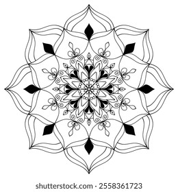 This high-quality vector design features an intricately detailed mandala pattern with symmetrical shapes and elements, perfect for a wide range of design projects. The artwork includes delicate geomet