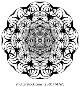 This high-quality vector design features an intricately detailed mandala pattern with symmetrical shapes and elements, perfect for a wide range of design projects. The artwork includes delicate geomet