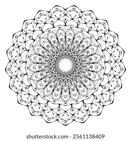 This high-quality vector design features an intricately detailed mandala pattern with symmetrical shapes and elements, perfect for a wide range of design projects. The artwork includes delicate geomet