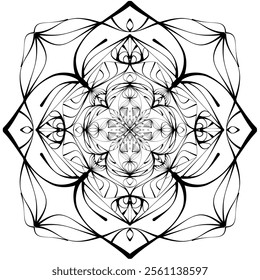 This high-quality vector design features an intricately detailed mandala pattern with symmetrical shapes and elements, perfect for a wide range of design projects. The artwork includes delicate geomet