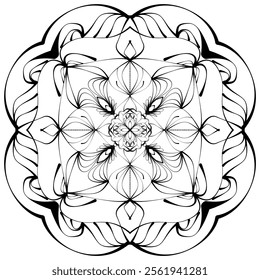 This high-quality vector design features an intricately detailed mandala pattern with symmetrical shapes and elements, perfect for a wide range of design projects. The artwork includes delicate geomet