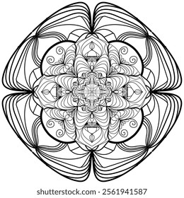 This high-quality vector design features an intricately detailed mandala pattern with symmetrical shapes and elements, perfect for a wide range of design projects. The artwork includes delicate geomet