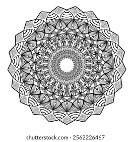 This high-quality vector design features an intricately detailed mandala pattern with symmetrical shapes and elements, perfect for a wide range of design projects. The artwork includes delicate geomet