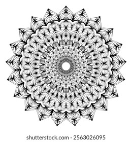 This high-quality vector design features an intricately detailed mandala pattern with symmetrical shapes and elements, perfect for a wide range of design projects. The artwork includes delicate geomet