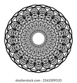 This high-quality vector design features an intricately detailed mandala pattern with symmetrical shapes and elements, perfect for a wide range of design projects. The artwork includes delicate geomet