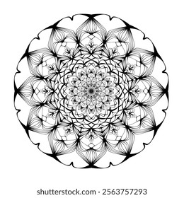 This high-quality vector design features an intricately detailed mandala pattern with symmetrical shapes and elements, perfect for a wide range of design projects. The artwork includes delicate geomet