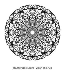 This high-quality vector design features an intricately detailed mandala pattern with symmetrical shapes and elements, perfect for a wide range of design projects. The artwork includes delicate geomet