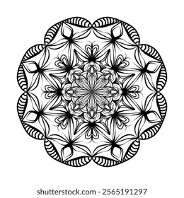 This high-quality vector design features an intricately detailed mandala pattern with symmetrical shapes and elements, perfect for a wide range of design projects. The artwork includes delicate geomet