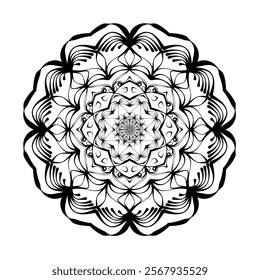 This high-quality vector design features an intricately detailed mandala pattern with symmetrical shapes and elements, perfect for a wide range of design projects. The artwork includes delicate geomet