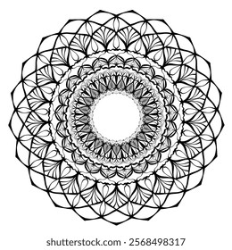 This high-quality vector design features an intricately detailed mandala pattern with symmetrical shapes and elements, perfect for a wide range of design projects. The artwork includes delicate geomet