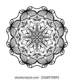 This high-quality vector design features an intricately detailed mandala pattern with symmetrical shapes and elements, perfect for a wide range of design projects. The artwork includes delicate geomet