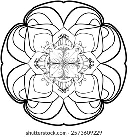 This high-quality vector design features an intricately detailed mandala pattern with symmetrical shapes and elements, perfect for a wide range of design projects. The artwork includes delicate geomet