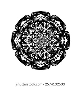 This high-quality vector design features an intricately detailed mandala pattern with symmetrical shapes and elements, perfect for a wide range of design projects. The artwork includes delicate geomet