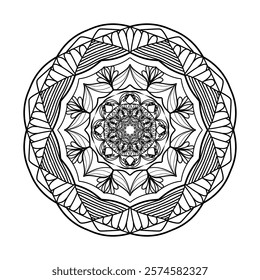 This high-quality vector design features an intricately detailed mandala pattern with symmetrical shapes and elements, perfect for a wide range of design projects. The artwork includes delicate geomet