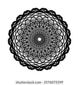 This high-quality vector design features an intricately detailed mandala pattern with symmetrical shapes and elements, perfect for a wide range of design projects. The artwork includes delicate geomet