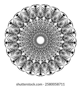 This high-quality vector design features an intricately detailed mandala pattern with symmetrical shapes and elements, perfect for a wide range of design projects. The artwork includes delicate geomet