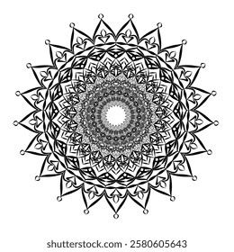 This high-quality vector design features an intricately detailed mandala pattern with symmetrical shapes and elements, perfect for a wide range of design projects. The artwork includes delicate geomet