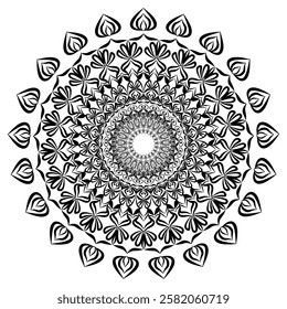 This high-quality vector design features an intricately detailed mandala pattern with symmetrical shapes and elements, perfect for a wide range of design projects. The artwork includes delicate geomet