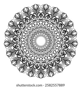 This high-quality vector design features an intricately detailed mandala pattern with symmetrical shapes and elements, perfect for a wide range of design projects. The artwork includes delicate geomet