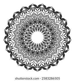 This high-quality vector design features an intricately detailed mandala pattern with symmetrical shapes and elements, perfect for a wide range of design projects. The artwork includes delicate geomet