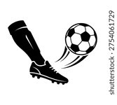 This high-quality vector graphic depicts a dynamic soccer kick action, featuring a silhouette of a leg in a cleat striking a football, perfect for sports logos and athletic designs.