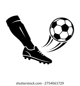This high-quality vector graphic depicts a dynamic soccer kick action, featuring a silhouette of a leg in a cleat striking a football, perfect for sports logos and athletic designs.
