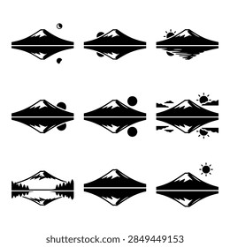 This high-quality vector graphic depicts the majestic Mount Fuji, Japan's highest peak. The illustration captures a timelapse effect with layered clouds and varying light gradients to suggest the passage of time over the iconic landmark. Ideal for travel posters, Japanese culture themes, and editorial design projects focusing on East Asian geography and landmarks.