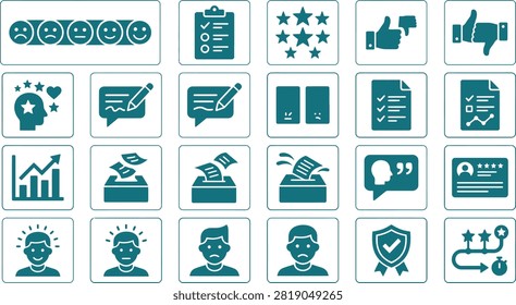This high-quality vector icon set focuses on customer feedback, user rating, and satisfaction surveys. Rendered in a clean teal flat-style within rounded frames, the collection features key symbols including face sentiment scales (happy to sad), rating stars, clipboard checklists, thumbs up and down, ballot boxes, user profiles with reviews, analytics charts, testimonial speech bubbles, and quality assurance badges. Perfect for UIUX app interfaces, customer service portals, survey platforms, e-commerce feedback modules, and business analytics dashboards.

#CustomerFeedback #RatingIcons #UserExperience #SatisfactionSurvey #VectorIcons #UIUXDesign #FlatIcons #IconSet #CustomerService #Reviews #BusinessAnalytics #CustomerReview