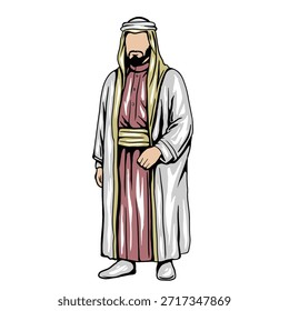 Esta Ilustración vectorial de alta calidad representa a un hombre tradicional de Oriente Medio con vestimenta cultural clásica, presentada sobre un fondo negro limpio. El personaje está vestido con una túnica larga combinada con una túnica exterior que fluye, un pañuelo en la cabeza envuelto y un cinturón, que representa la vestimenta tradicional comúnmente asociada con las culturas de Oriente Medio y los países árabes. La ilustración está diseñada en un moderno estilo plano y semi-caricatura, por lo que es adecuado para una amplia gama de aplicaciones creativas y comerciales.

El diseño minimalista pero detallado destaca la elegancia y el significado cultural de la moda tradicional de Oriente Medio. La paleta de colores neutros, combinada con un sombreado sutil y contornos suaves, garantiza versatilidad y atractivo profesional. Esta obra de arte se puede utilizar para materiales educativos, presentaciones culturales, contenido histórico, narración, temas religiosos, ilustraciones de libros, carteles, Sitios web, aplicaciones móviles y gráficos de redes sociales.

El fondo negro realza el contraste y hace que el personaje se destaque claramente, permitiendo un fácil aislamiento o integración en otros proyectos de diseño. Esta ilustración es ideal para temas relacionados con la cultura, el patrimonio, la tradición, la historia, la religión y el estilo de vida de Oriente Medio. También se puede utilizar en arte conceptual, diseño de personajes, animaciones, infografías o ilustraciones editoriales.

Diseñada teniendo en cuenta los estándares de microstock, esta Ilustración vectorial es limpia, escalable y adecuada tanto para uso impreso como digital. Es perfecto para diseñadores, comercializadores, educadores y creadores de contenido que buscan imágenes inspiradas culturalmente con un toque moderno. La obra de arte representa la tradición, la dignidad y la identidad cultural al tiempo que mantiene un estilo universal y accesible que se ajusta a las tendencias de diseño contemporáneo.