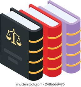 This high-quality vector illustration features a stack of three law books in black, red, and purple. The black book is adorned with a gold legal scales icon, symbolizing justice and legal authority.