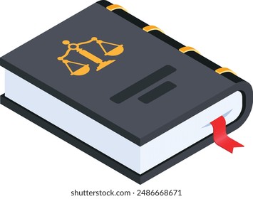 This high-quality vector illustration features a law book in black. The book is adorned with a gold legal scales icon, symbolizing justice and legal authority.