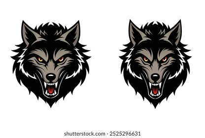 This high-quality vector illustration features the fierce face of an angry wolf with glowing eyes, sharp teeth, and a menacing expression. Perfect for use in logos, branding, or any design