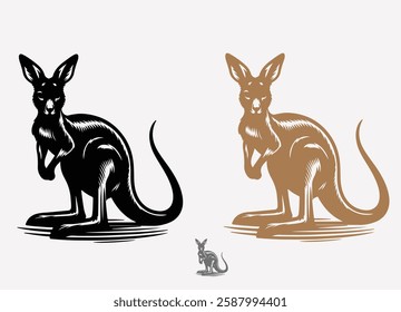 This high-quality vector illustration features a stylized kangaroo in a vintage, hand-drawn style. Available in bold black and elegant gold variations