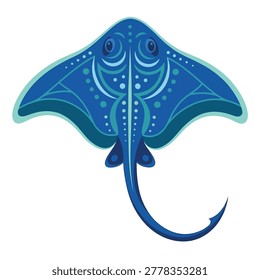This high-quality vector illustration features a beautifully stylized stingray with intricate tribal-inspired patterns in shades of blue and turquoise. The symmetrical design captures the graceful movement of the manta ray, making it ideal for marine-themed logos, apparel prints, or home decor. Its clean aesthetic and isolated white background ensure versatile use in various creative digital and print projects.