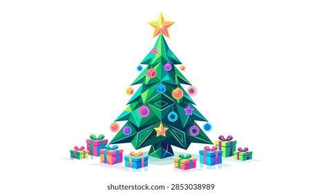 This high-quality vector illustration features a stylized Christmas tree in a modern low-poly geometric art style. The tree is decorated with faceted colorful baubles and topped with a bright golden star. At the base, various geometric gift boxes with vibrant ribbons are arranged on a clean white background, perfect for holiday greetings and marketing materials.