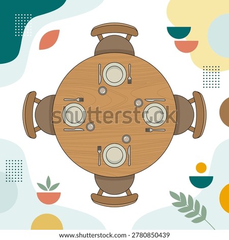 This high-quality vector illustration features a top-down view of a circular wooden dining table set for four people. Each place setting includes a white plate, metallic cutlery, and a glass, arranged neatly on a textured wood surface. The composition is enhanced by a vibrant Memphis-style abstract background with colorful geometric shapes and botanical elements. This clean and modern flat design is perfect for interior design concepts, restaurant menus, or food-related infographic projects.