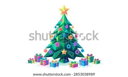 This high-quality vector illustration features a stylized Christmas tree in a modern low-poly geometric art style. The tree is decorated with faceted colorful baubles and topped with a bright golden star. At the base, various geometric gift boxes with vibrant ribbons are arranged on a clean white background, perfect for holiday greetings and marketing materials.