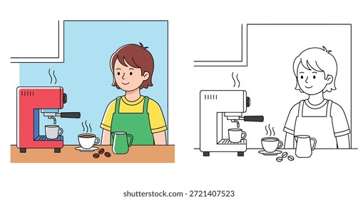 This is a high-quality vector illustration featuring a female barista preparing coffee, presented in both full-color and black-and-white outline styles, making it perfect for coloring books or cafe-themed educational materials.