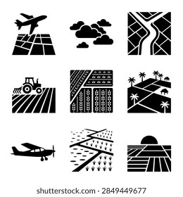 This high-quality vector illustration provides a detailed aerial perspective from high altitude. The graphic represents a top-down view of terrain and landscape, perfect for use in mapping projects, urban planning presentations, or environmental design layouts. The EPS format ensures scalability for any project size.