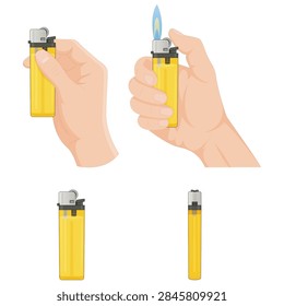 This high-quality vector illustration set features a classic yellow disposable lighter in various states and perspectives. The collection includes a human hand holding the lighter in a neutral position, as well as an action shot of the hand striking the flint wheel to produce a realistic blue and yellow butane flame.