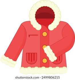 This high-quality vector illustration showcases a stylish red winter jacket adorned with soft, white fur trim on the hood, cuffs, and hem.