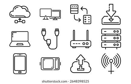 This is a high-quality vector or image design related to 'Technology and network icon set with cloud server laptop router and data (10)'. Perfect for commercial and creative use.