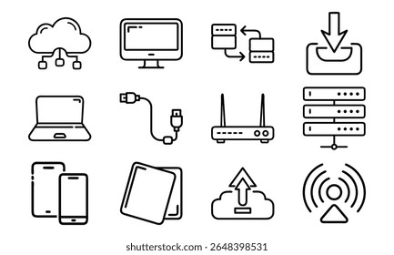 Este é um vetor de alta qualidade ou design de imagem relacionado com 'Tecnologia e ícone de rede conjunto com servidor de nuvem laptop roteador e dados (21)'. Perfeito para uso comercial e criativo.