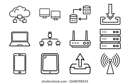 This is a high-quality vector or image design related to 'Technology and network icon set with cloud server laptop router and data (12)'. Perfect for commercial and creative use.
