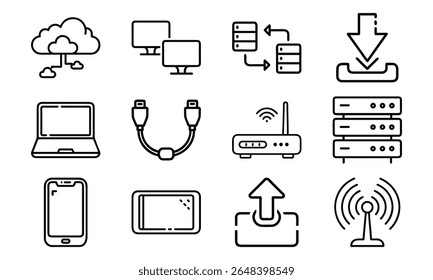 This is a high-quality vector or image design related to 'Technology and network icon set with cloud server laptop router and data (3)'. Perfect for commercial and creative use.